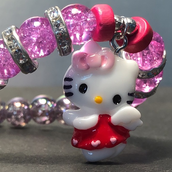 Hand Crafted Jewelry - HAND CRAFTED jewelry purple pink clear glass beaded bracelet hello kitty charm